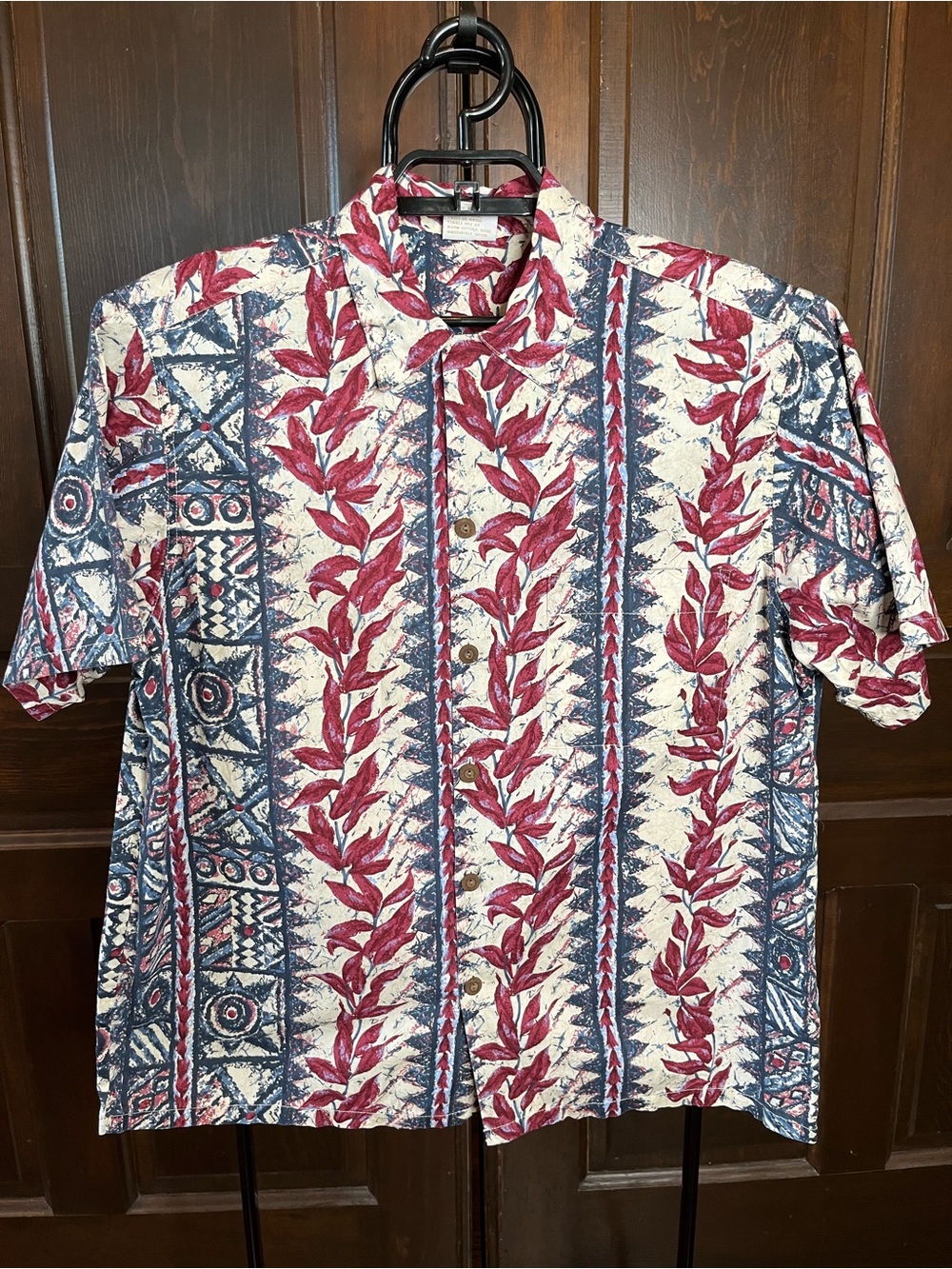 Go Barefoot Hawaiian Shirt Short Sleeve Red/Blue Cotton USA 90s Men's Size L